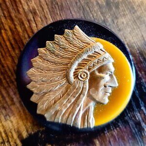 Black, Gold, Brass Tone Native American Chief Brooch